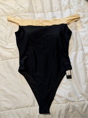 Fashion Nova Black Off-Shoulder One-Piece Swimsuit